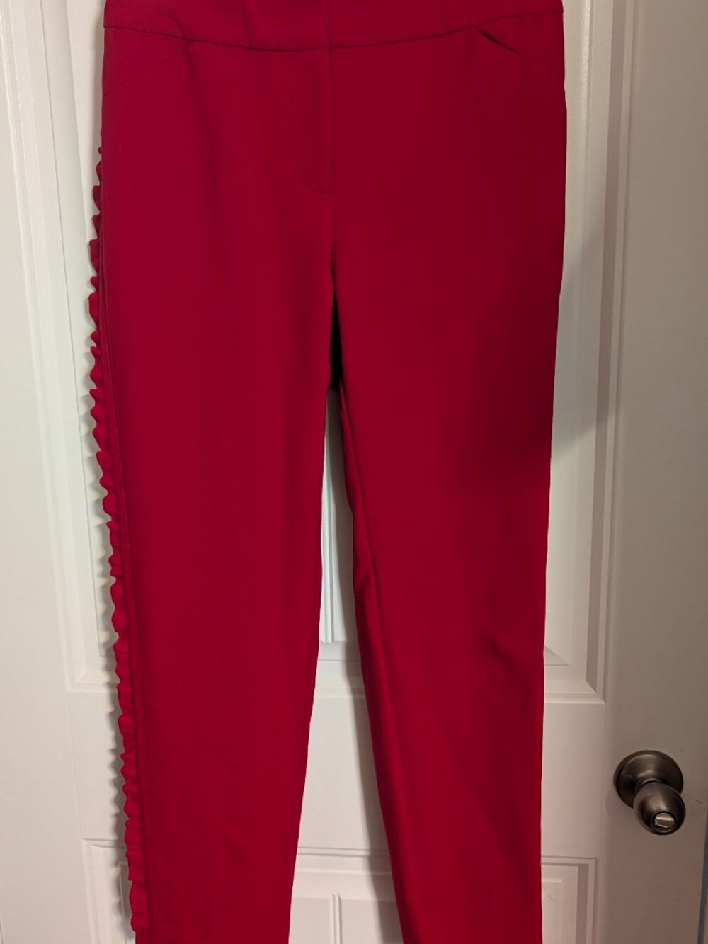 NWT Chico Women SZ 00 Red Side Ruffle Slim Ankle Pants Rayon Blend Preppy Office